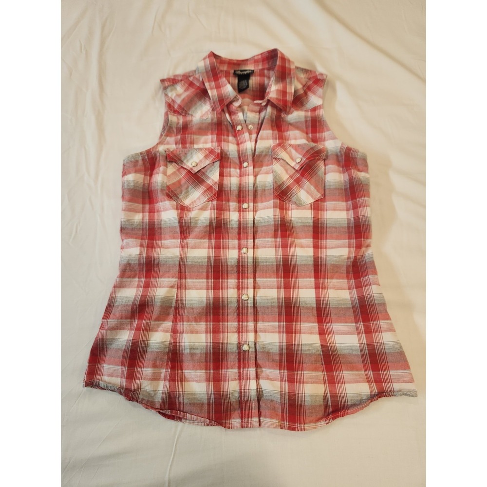 Wrangler Retro Women's Red Flannel Pearl Snap Button Sleeveless Shirt Size L - Picture 5 of 9